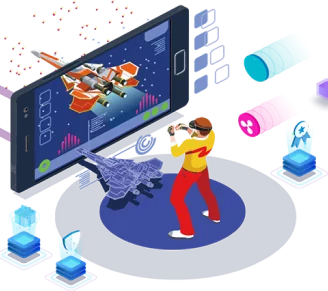 Joueur en réalité virtuelle devant un écran de jeu spatial